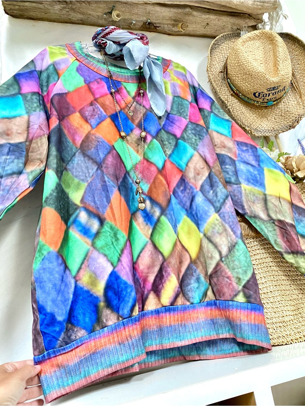 BNWOT Diamond multicoloured print summer boho sweater/dress w cottagecore vibe - Picture 6 of 14